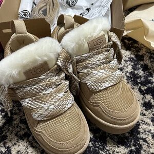 UGG Sand/White Shearling-Trim Lace-Up Sneakers